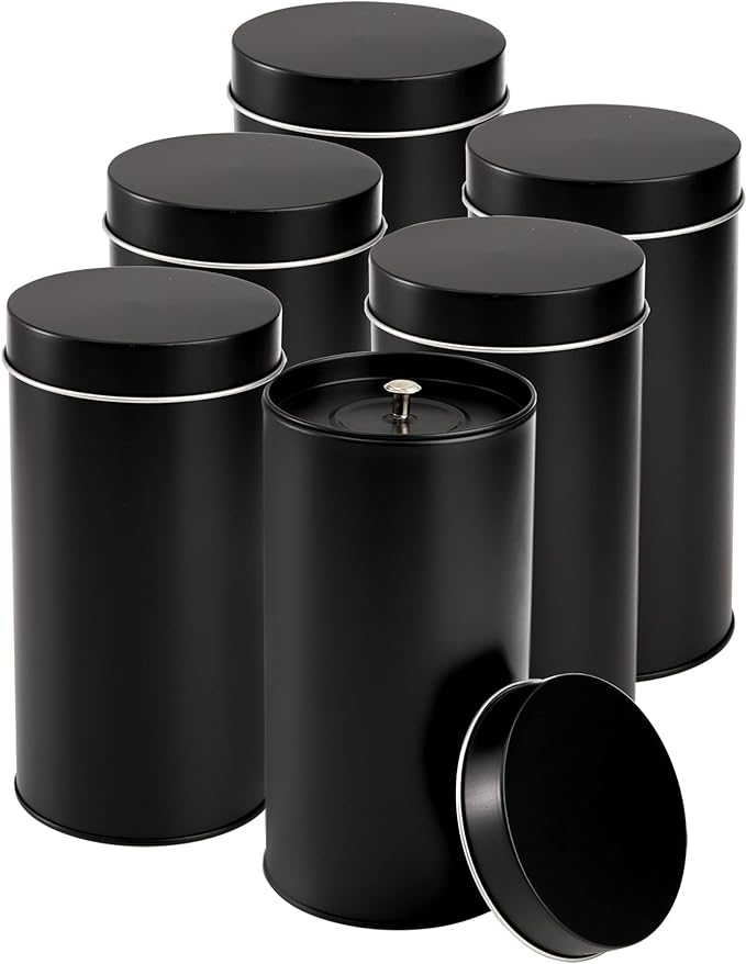 Yesland 6 Pack Tea Tin Canister with Airtight Double Lids, 32 Fl Oz Tin Can Box and Large Round Kitchen Canisters for Loose Tea, Coffee, Candy, Herbs and Spices(Black)