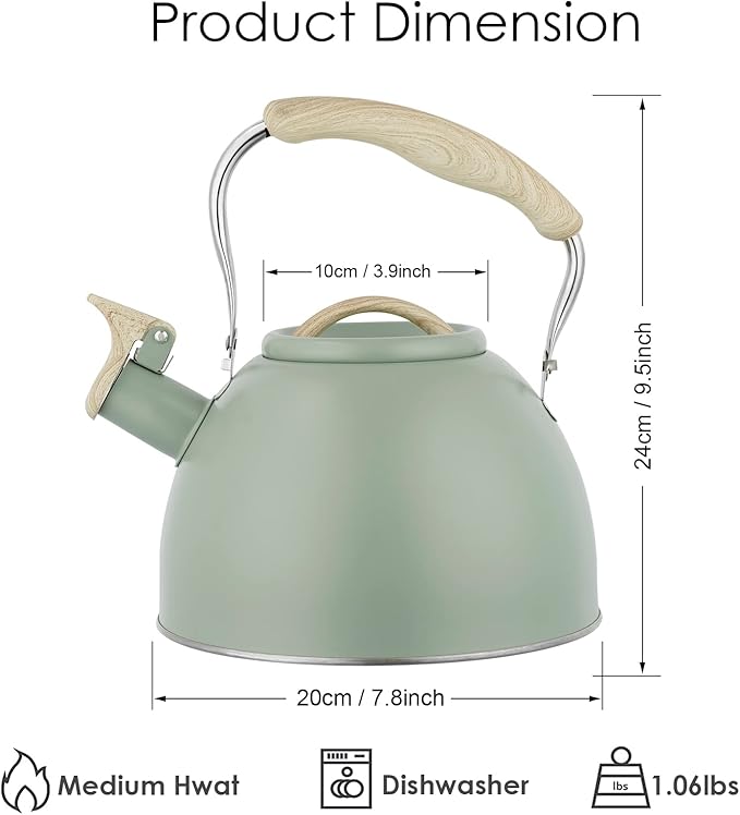 Tea Kettle -3.0 Quart Whistling Tea Kettle for Stove Top Stainless Steel Tea Pot Stovetop Food Grade Water Kettle with Wood Pattern Handle for Coffee/Tea/Milk Kettle Pot-Green
