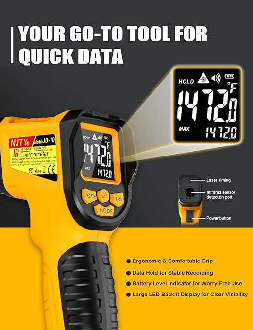 Infrared Thermometer Gun, -58℉ to 1472℉, High Precision, Non-Contact Laser Temperature Sensor with Backlit LCD, for Cooking, BBQ, Automotive, Industrial Use