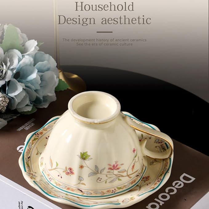 8 oz Vintage flower Ceramic cup and 6" saucer set with Brand customized stainless steel spoon Gifts for Afternoon Tea Coffee Hour (A)