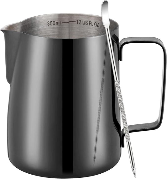 Milk Frothing Pitcher, 12 oz Milk Frother Cup with Clear Scale, 304 Stainless Steel Cappuccino Espresso Machine Accessories for Barista Coffee Bar with Latte Art Pen, Bright Black