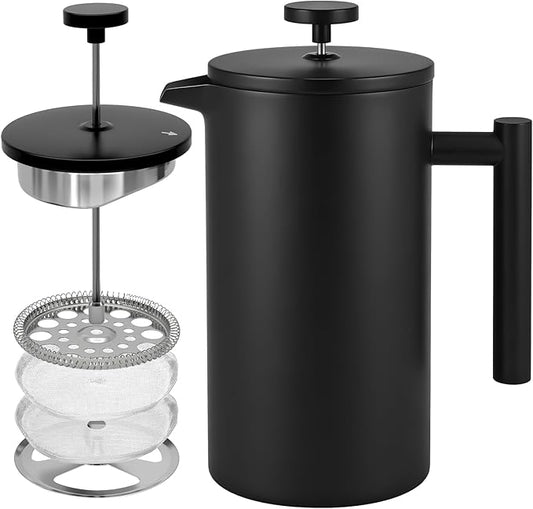 French Press Coffee Maker, 304 Grade Stainless Steel French Press with 2 Extra Filters for Home, Office, Travel, Camping - 34OZ/2 Litre (Black)