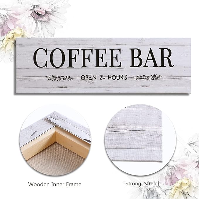 WOWGOOMO Classic Coffee Bar Signs Grey Canvas Wall Art - Rustic Cafe Bar Accessories Set for Home Bar, Kitchen, Pub, Store - 6"x17"