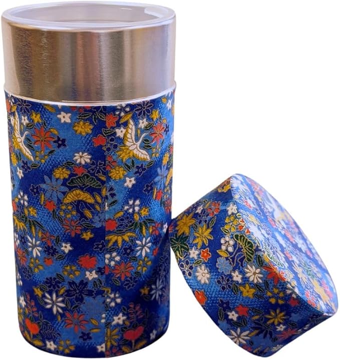 Japanese Tea Canister Double Lid, Japanese Washi Paper Coated with Capacity of 6.2oz(175g), Japanese Green Tea Container, kaen(青)
