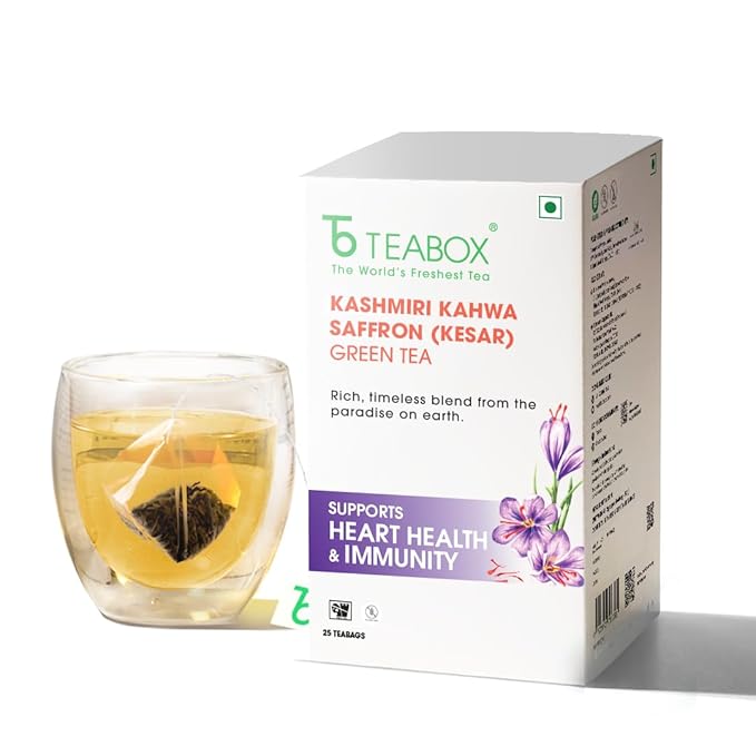 Teabox Kashmiri Kahwa Green Tea | 25 Tea Bags | Whole Green Tea Leaves with Saffron, Cardamom, Cinnamon, Clove and Almond | Gluten-Free Tea, Medium-Caffeine