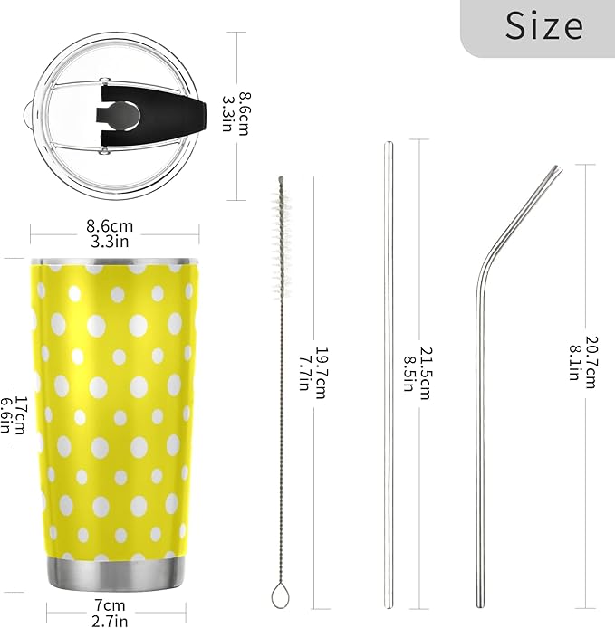 Tumbler Yellow Polka Dot Insulated Coffee Cup Beverage Container Travel Mug with Straw and Lid Double Wall Stainless Steel 20oz BPA-Free for Sport, Back to School
