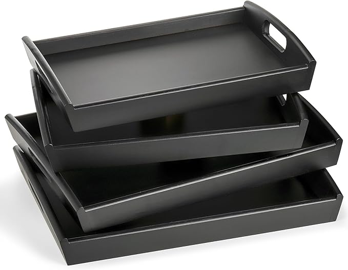 Peohud 4 Pack Bamboo Serving Tray, Kitchen Food Tray with Handles, Wooden Trays for Eating, Breakfast, Dinner, Tea, Bar, Restaurant, Party or Bed
