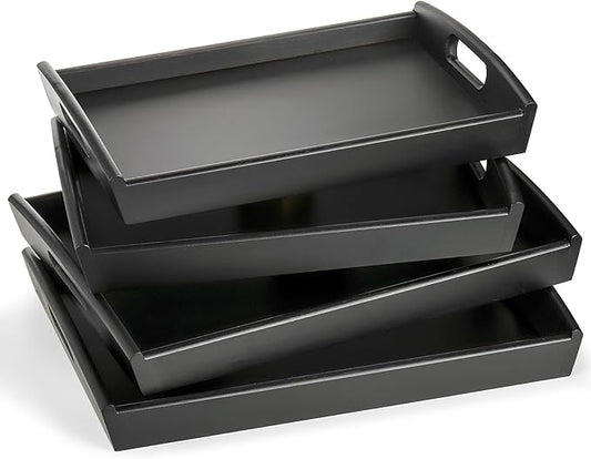 Peohud 4 Pack Bamboo Serving Tray, Kitchen Food Tray with Handles, Wooden Trays for Eating, Breakfast, Dinner, Tea, Bar, Restaurant, Party or Bed