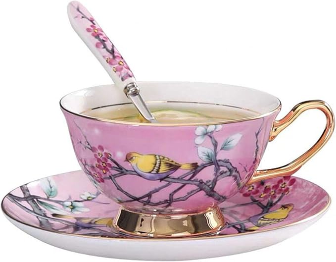 YBK Tech Euro Style Cup& Saucer Set Art Bone China Ceramic Tea Coffee Cup for Breakfast Home Kitchen- Birds and Trees Patterns (Pink)