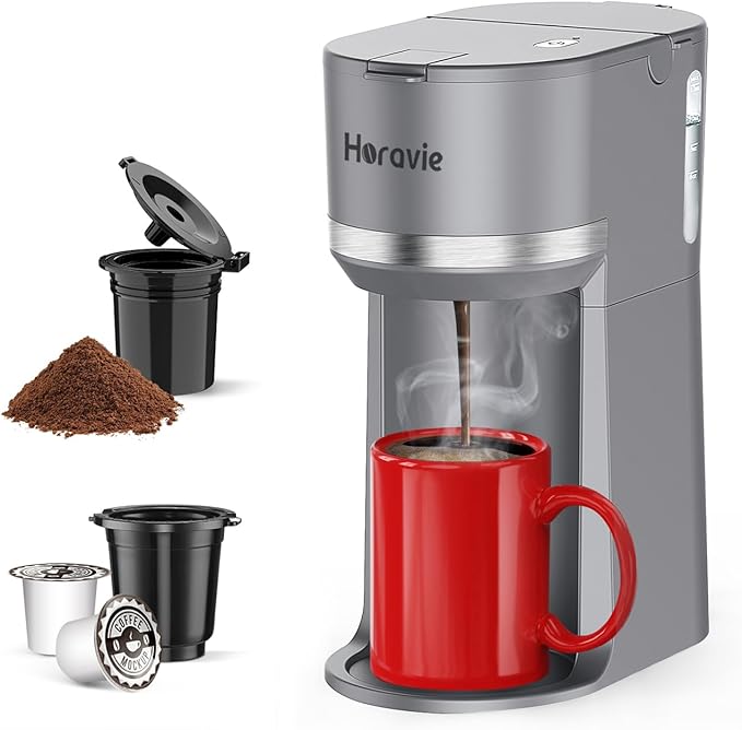 Mini Single Serve Coffee Maker for K Cup Pods and Ground Coffee, Fast Brew One Cup Coffee Machine with Descaling Reminder and Water Window, 6 to 12 oz. Brew Sizes, Gray
