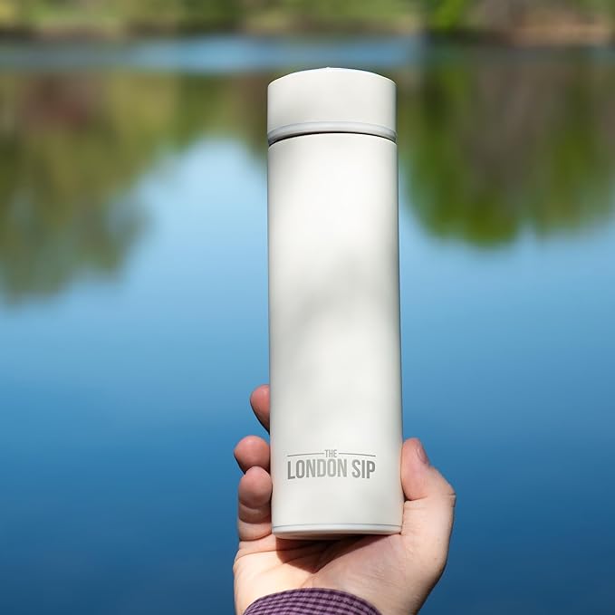 The London Sip 16.9 oz Multi-Purpose Tea Infuser Mug – Fruit Infuser Water Bottle for Hot and Cold – Double Wall Stainless Steel Insulated, Pearl White