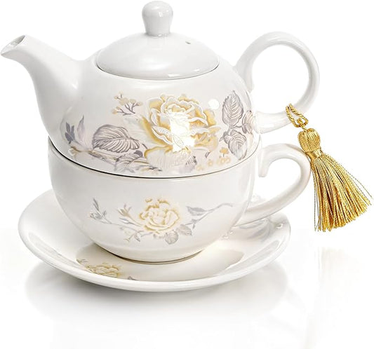 Tea for One Set, Porcelain Floral Teapot Cup Saucer Set with Tassel Decorative, Vintage Bone China Teapot Rose Pattern Gift for Women Home Office, Dishwasher, Microwave Safe