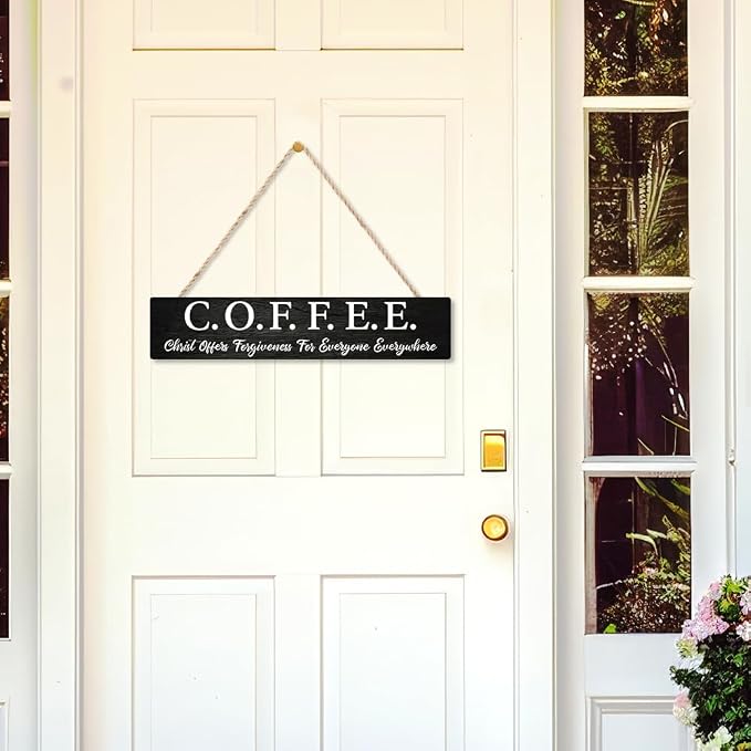 AGMDESIGN Kitchen Cafe Coffee Bar Pub Signs Decor for Wall, Christ Offers Forgiveness for Everyone Everywhere Wooden Sign, Religious Coffee Lover Gifts for Friends, Rustic Cafe Wooden Hanging Plaque - Image 3