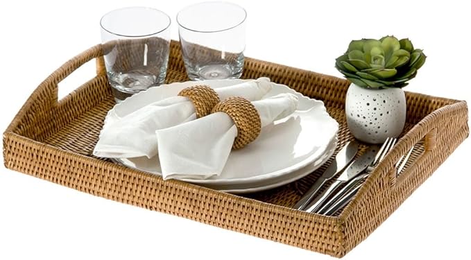 KOUBOO 1020042 La Jolla Rattan Rectangular Serving Tray, 18" x 13.5" x 3.5", Honey Brown, Large