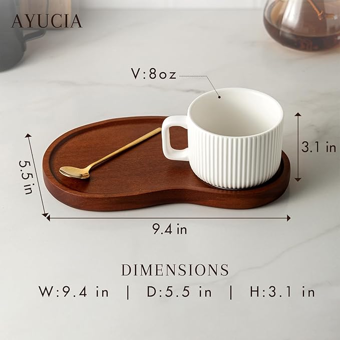 Tea Cup and Saucer Set, 8OZ Cappuccino Cup with Acacia Serving Saucer and Spoon, White Cream Ceramic Coffee Mug with 9.4inch Wooden Plate for Latte Dessert Breakfast