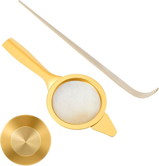 2.2" Mini Matcha Sifter Set, 30 Fine Mesh Matcha Strainer with Handle and Base, Stainless Steel Small Tea Strainer for Loose Tea Coffee Cocktail(Gold)