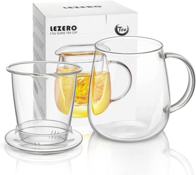 Lezero Glass Tea Cup with Strainer and Lid Gift Kit, Borosilicate Infuser Mugs with Filter for Blooming & Loose Leaf Tea, Heat Resistance, Lead-free, Microwave & Dishwasher Safe, 17oz