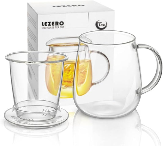 Lezero Glass Tea Cup with Strainer and Lid Gift Kit, Borosilicate Infuser Mugs with Filter for Blooming & Loose Leaf Tea, Heat Resistance, Lead-free, Microwave & Dishwasher Safe, 17oz