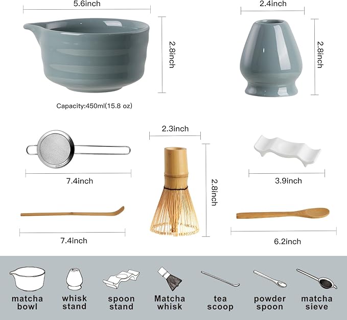 YOLIFE 7 Pcs Matcha Whisk Set, Includes Matcha Bowl with Spout, Bamboo Whisk (Chasen) with Ceramic Holder, Scoop and Powder Spoon, Sifter, Matcha Kit for Ceremony (Gray)