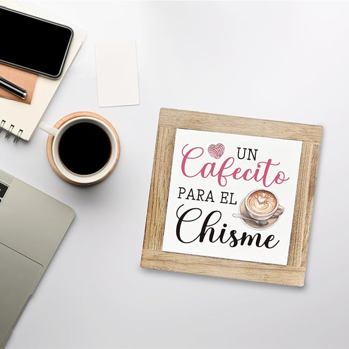Pink Coffee Bar Signs,Cafe Sign for Home Kitchen Office Cafe Bar Tabletop Shelf,Coffee Station Decor for Gift,5.9x5.9 Inches Wooden Plaque