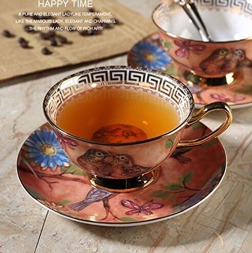 YBK Tech Euro Style Cup& Saucer Set Art Bone China Ceramic Tea Coffee Cup for Breakfast Home Kitchen- Birds and Trees Patterns (Orange)