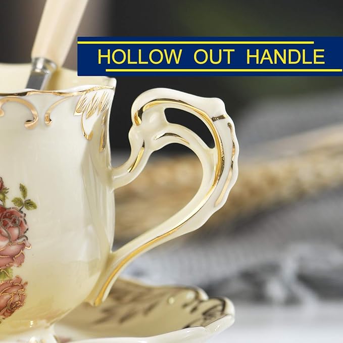 YOLIFE Tea Cup and Saucer Set, 8 oz Tea Cup Set, Teacup, Ceramic Tea Cup with Suacer Spoon, Ivory Vintage Rose Floral with Gold Leaves Trim, Gifts for Women