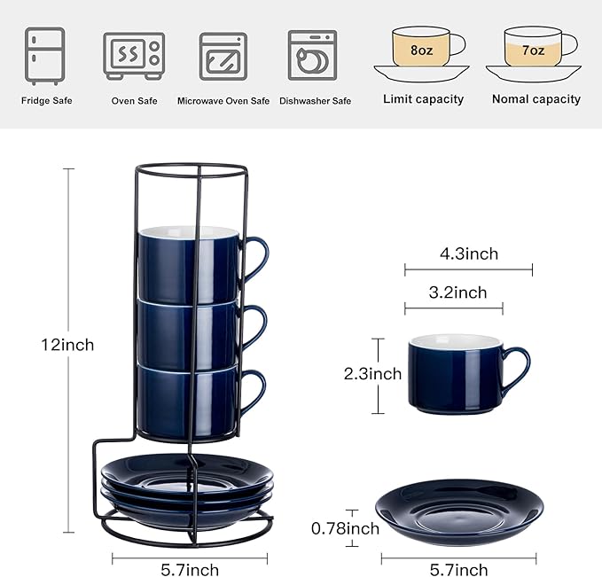 8oz Porcelain Stackable Cappuccino Cups with Saucers and Metal Stand Set of 4, Cappuccino Cups Set of 4, Blue Coffee Cups for Espresso, Specialty Coffee Drinks, Latte, Americano and Tea