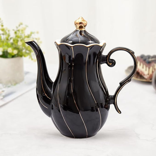 DUJUST British Style Porcelain Teapot (40oz), Luxury Ceramic Teapot with Golden Trim, Food Grade Teapot with Built-in Filter, for Tea Party & Home Décor - Black