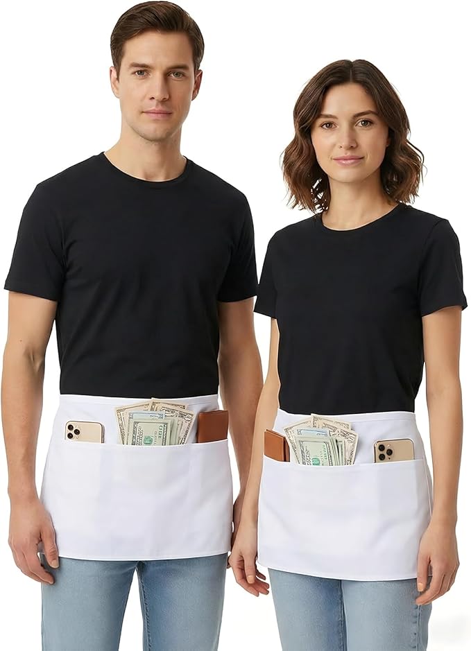 BOHARERS Waist Apron with 3 Pockets 3 Pack - White Waitress Server Short Apron