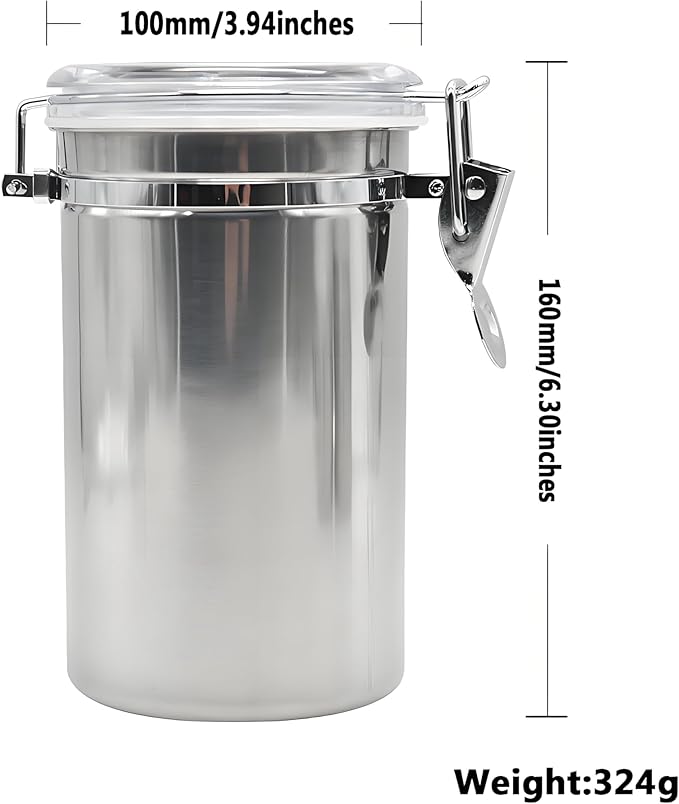 Stainless Steel Vacuum Seal Coffee Canister With Clear Lid, Airtight Food Storage Container With Locking Clamp for Coffee Beans, Tea, Cereal, Nuts (Stainless Steel With Clear Lid, 67.6 fl oz / 2000ml)