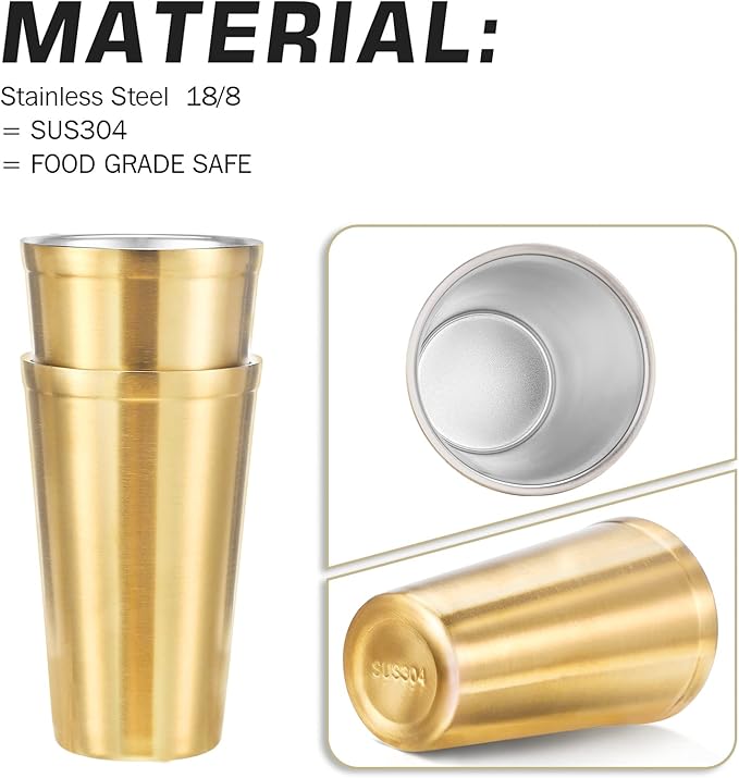 Stainless Steel Double Walled Insulated Cups(Set of 2) Stackable, Coffee Cup/Tea Cup/Chilling Beer Glasses, Great for Kids, for Travel, Outdoor,Camping&Everyday, 16oz(Gold)