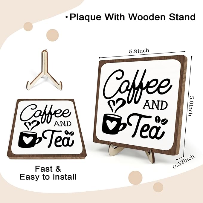 Coffee Bar Sign Plaque, Coffee Signs for Coffee Station, Vintage Coffee Sign Decor for Kitchen, Coffee Bar Accessories, Coffee Themed Gifts, Farmhouse Cafe Sign,Coffee & Tea Bar Decor Signs (White&Brown, 5.9x5.9inches)