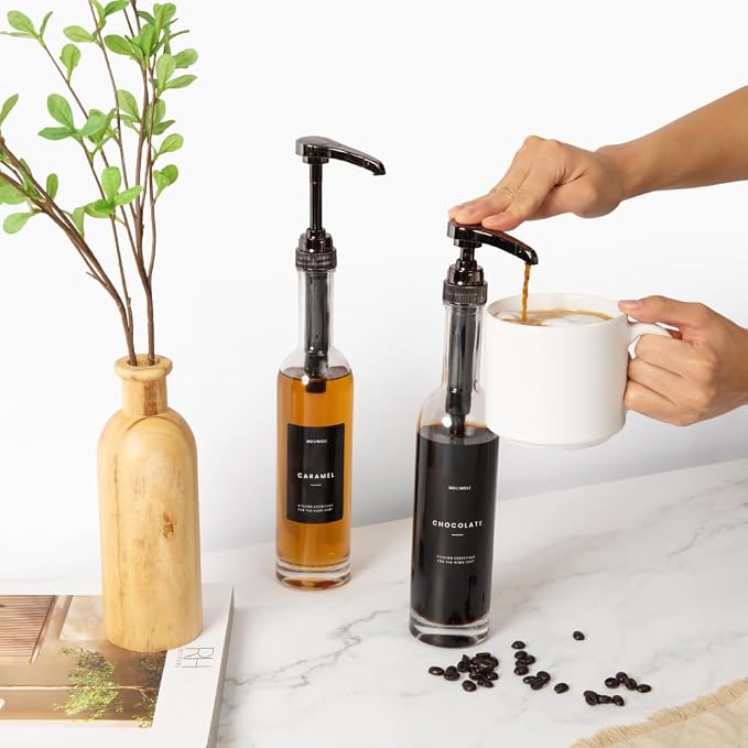 Molimoli Set of 4, 350ml, Coffee Syrup Dispenser for Coffee Bar, Coffee Pump Dispenser, Glass Syrup Bottle w. Pumps, Simple Syrup Dispenser w. Labels (Black) - Image 5