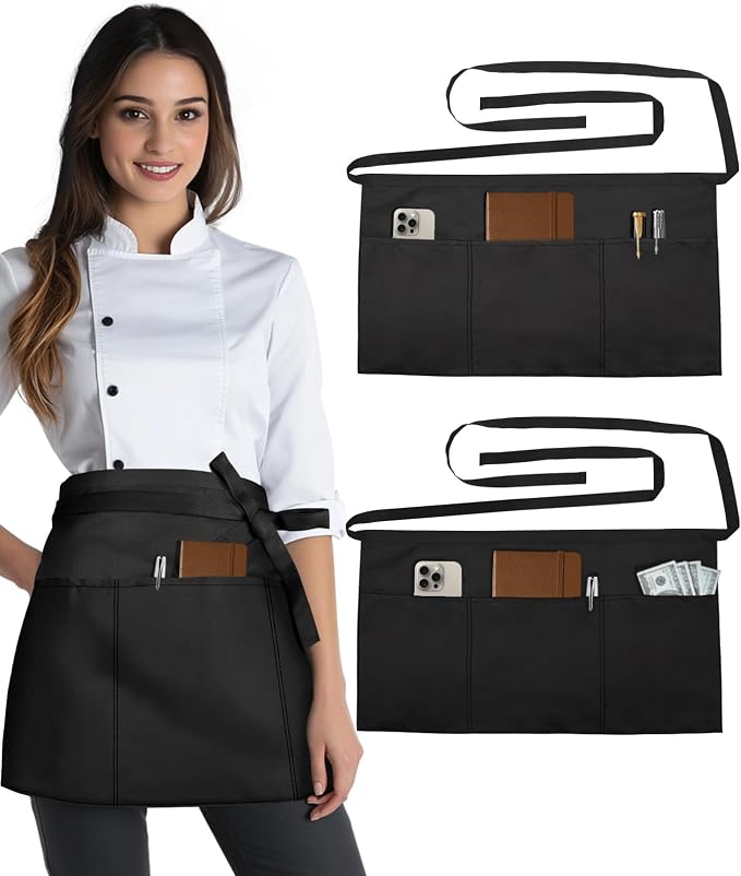 Slohif Reversible Server Apron 6 Pockets - Waist Apron for Waitress Women Half Serving Short Apron for Waiter by Slohif
