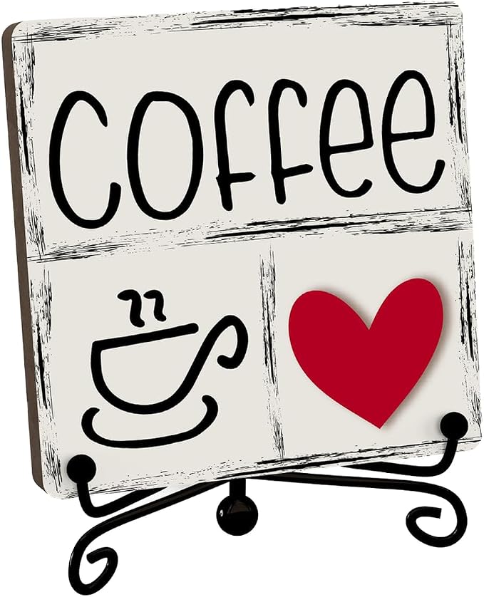 Funny Coffee Signs, Coffee Heart Sign, Funny Coffee Bar Desk Decor, Coffee Signs For Coffee Station, Coffee Shelf Decor, Farmhouse Rustic Wooden Plaque With Stand (C16) by JUSITAKEET