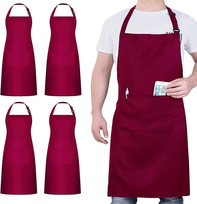 4 Packs Chef Apron, Waterproof Apron, Adjustable Aprons with 2 Pockets for Men Women, Professional Aprons for Kitchen Cooking Gardening Painting Baking Restaurant (Wine) by loteaf