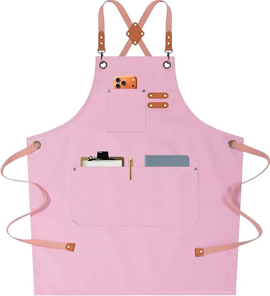 AFUN Chef Aprons for Men Women with Oversized Pockets, 16-Ounce Cotton Canvas Cross Back Heavy Duty Work Apron (Light Pink)