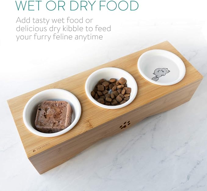 Navaris Cat Bowls with Stand - Elevated Triple Feeder for Cats - Ceramic Pet Bowl Dishes 3-Pcs Set with Printed Designs and Raised Bamboo Wood Holder