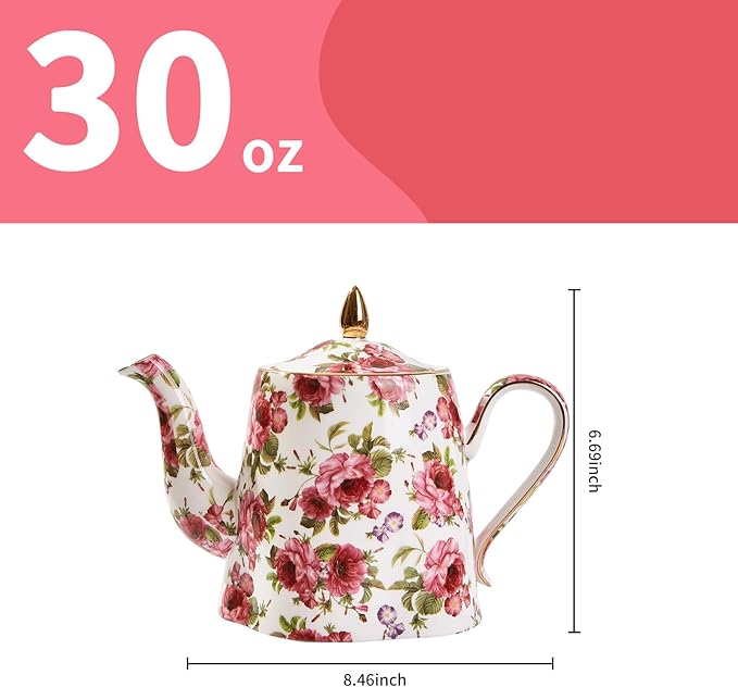 Floral Tea Pot, 30 OZ Ceramic Vintage Teapots, Porcelain Cute Tea Pot with Pink Roses and Gold Trim, Decorative Teapot for Tea Party, Housewarming, Christmas, Thanksgiving Gifts