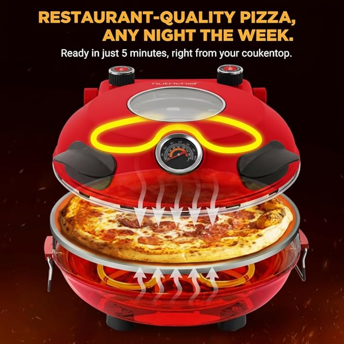 NutriChef Electric Pizza Oven | 1200W Countertop Pizza Maker with Temperature Control & Thermometer | Viewing Window for Precise Cooking | Heats up to 800˚F | Easy to Clean Non-Stick Coating | Red