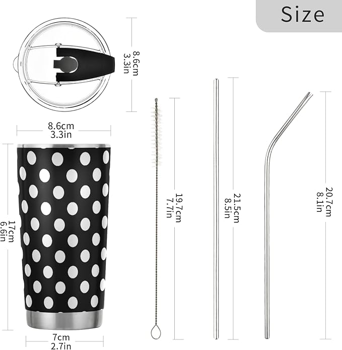 Tumbler Polka Dot Black White Insulated Coffee Cup Beverage Container Travel Mug with Straw and Lid Double Wall Stainless Steel 20oz BPA-Free for Sport, Back to School