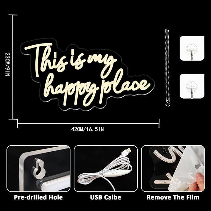 This is My Happy Place Neon Sign, Warm White Neon Lights for Wall Decor, Happy Place Signs for Wall Decor, USB Dimmable Led Light Up for Bedroom Classroom Man Cave Home Bar