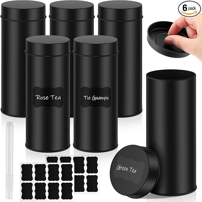 Tanlade 6 Pcs Tea Tin Canister 23oz Metal Round Cans with Airtight Lid Double Sealed Loose Leaf Tea Storage Containers with 1 Erasable Chalk Marker and 16 Stickers for Coffee Sugar Spices