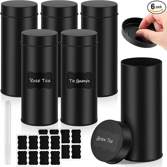 Tanlade 6 Pcs Tea Tin Canister 23oz Metal Round Cans with Airtight Lid Double Sealed Loose Leaf Tea Storage Containers with 1 Erasable Chalk Marker and 16 Stickers for Coffee Sugar Spices