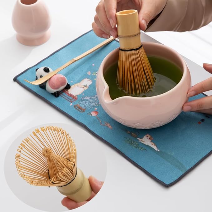 Matcha whisk set, pink matcha bowl set, includes bowl with spout, bamboo whisk, spoon, ceramic stand, stainless steel sieve, towel. Perfect matcha starter set (pink)