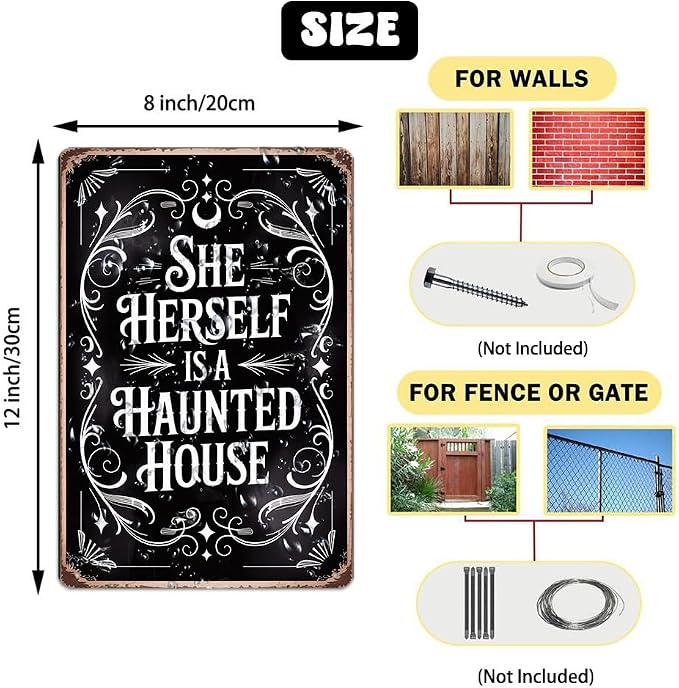 Vintage Halloween Metal Sign - She Herself Is A Haunted House Tin Sign 8x12 Inch, Gothic Halloween Art Sign For Porch, Pubs, Cafe, Garage Decor, Halloween Party Accessories, Halloween Decor - Image 2
