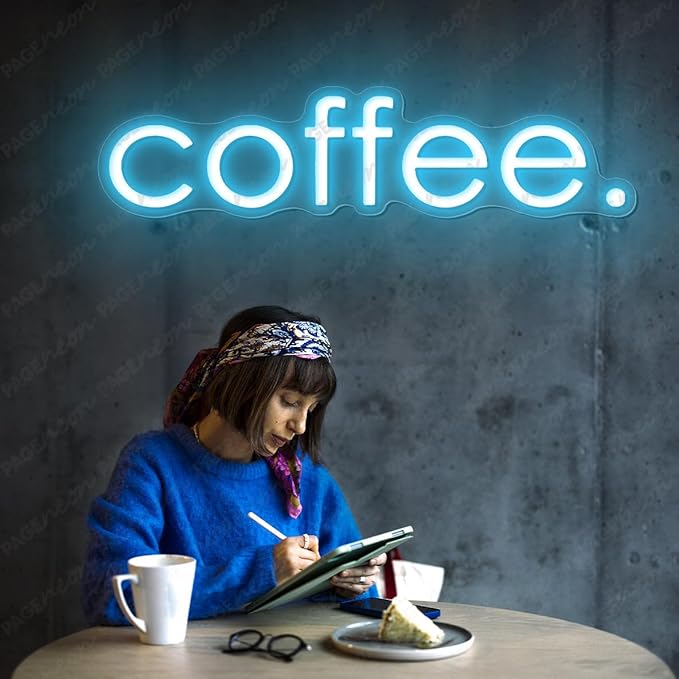 Coffee Neon Sign (40x10'', Remote and Plug included) Cafe Led Light coffee. led light coffee shop decorations wall decor (40x10" - Light Blue)
