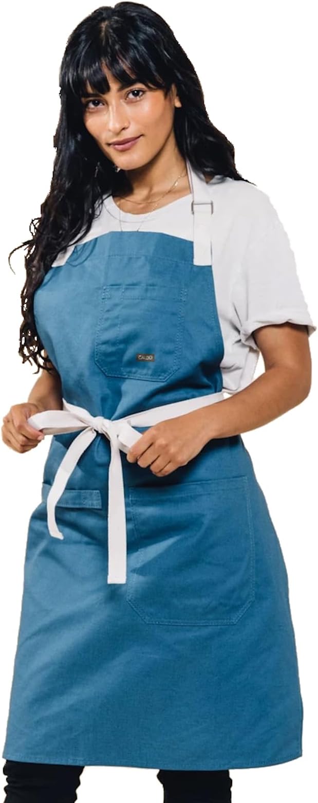 Caldo Daily Cotton Kitchen Apron for Cooking - Mens and Womens Professional Chef or Server Bib Apron - Adjustable Straps with Pockets and Towel Loop (Vintage Blue) by Caldo