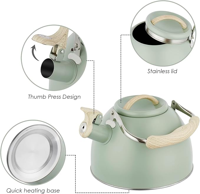Tea Kettle -3.0 Quart Whistling Tea Kettle for Stove Top Stainless Steel Tea Pot Stovetop Food Grade Water Kettle with Wood Pattern Handle for Coffee/Tea/Milk Kettle Pot-Green