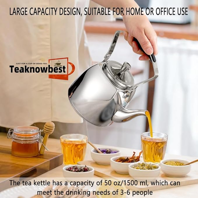 Stainless Steel Tea Pots with Infuser, Loose Leaf Tea Pot 50oz, Tea Pot for Stove, Dishwasher Safe (1500ml)